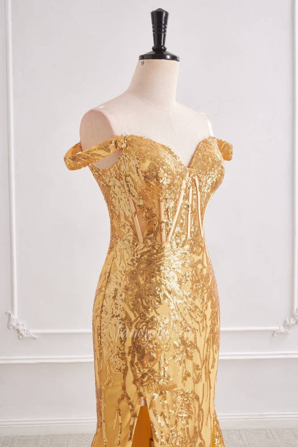 Gold Sequin Slit Mermaid Prom Dress with Off Shoulder