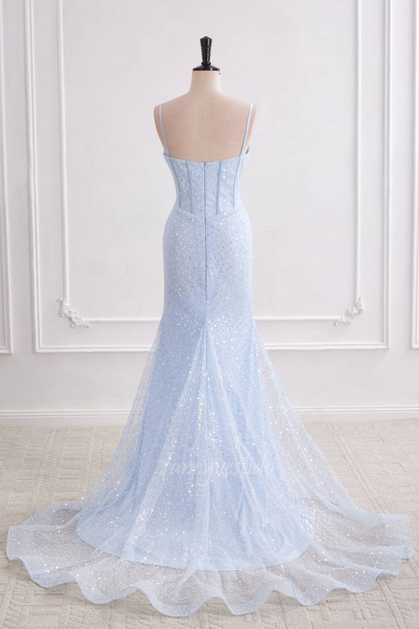 Sparkly Light Blue Sequin Mermaid Long Prom Dress