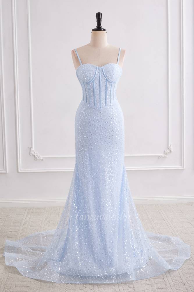 Sparkly Light Blue Sequin Mermaid Long Prom Dress