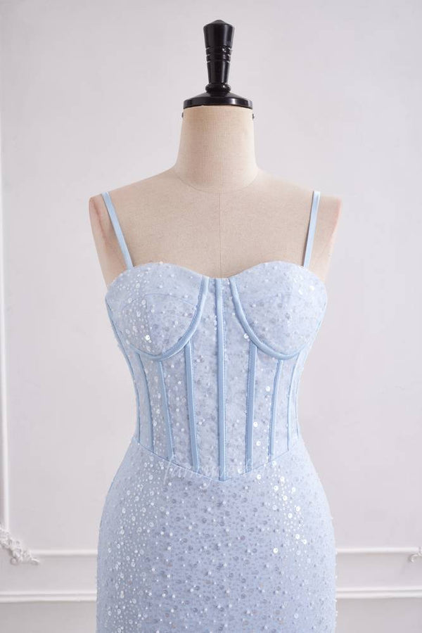 Sparkly Light Blue Sequin Mermaid Long Prom Dress