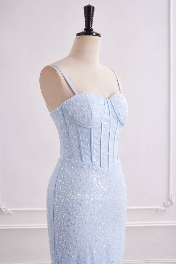 Sparkly Light Blue Sequin Mermaid Long Prom Dress