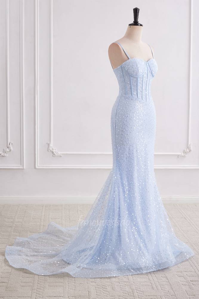 Sparkly Light Blue Sequin Mermaid Long Prom Dress
