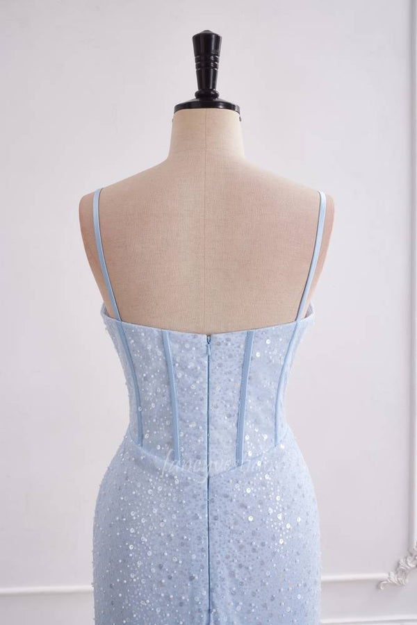 Sparkly Light Blue Sequin Mermaid Long Prom Dress