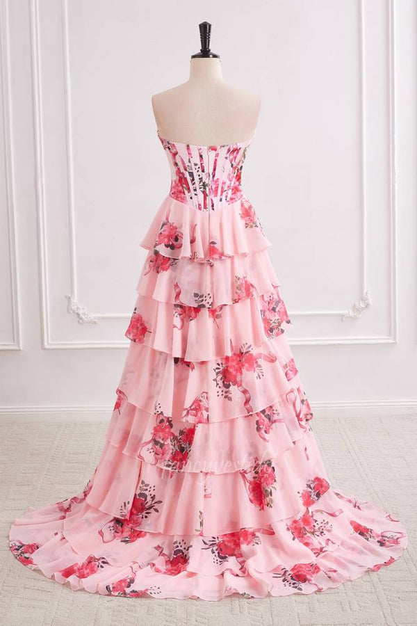 Strapless Pink Floral Print Boned Chiffon A-Line Prom Dress