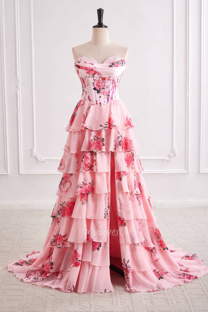 Strapless Pink Floral Print Boned Chiffon A-Line Prom Dress