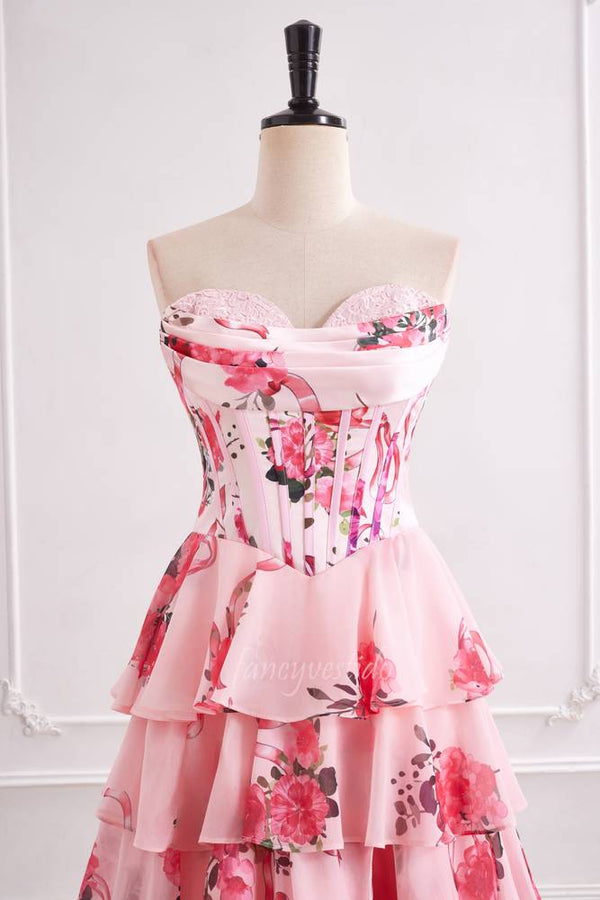 Strapless Pink Floral Print Boned Chiffon A-Line Prom Dress