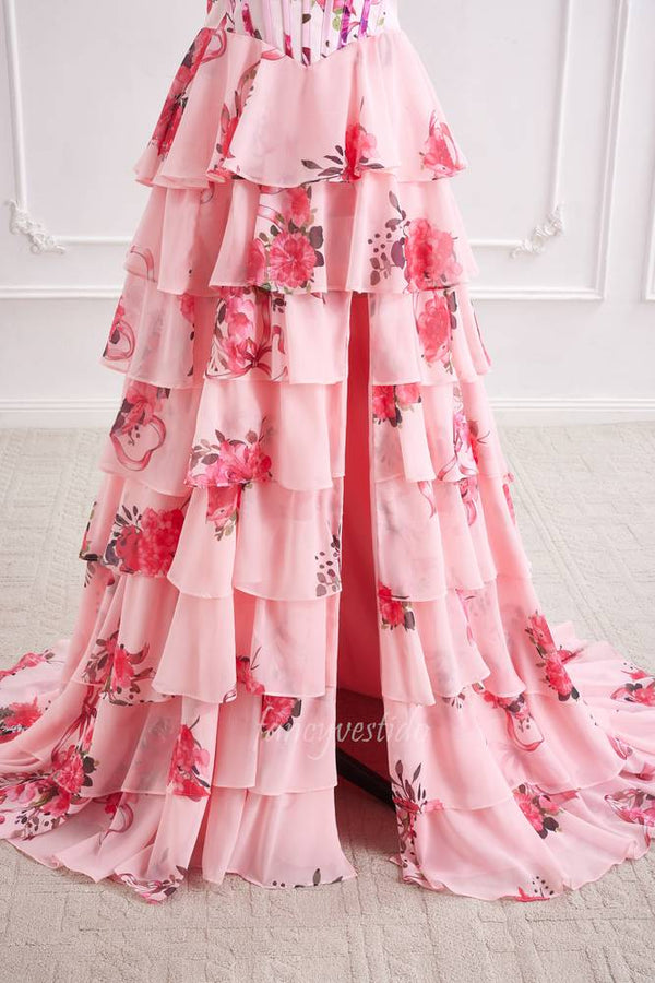 Strapless Pink Floral Print Boned Chiffon A-Line Prom Dress