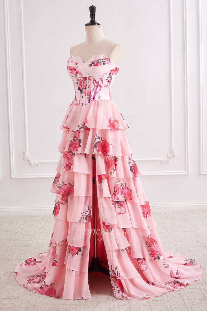 Strapless Pink Floral Print Boned Chiffon A-Line Prom Dress
