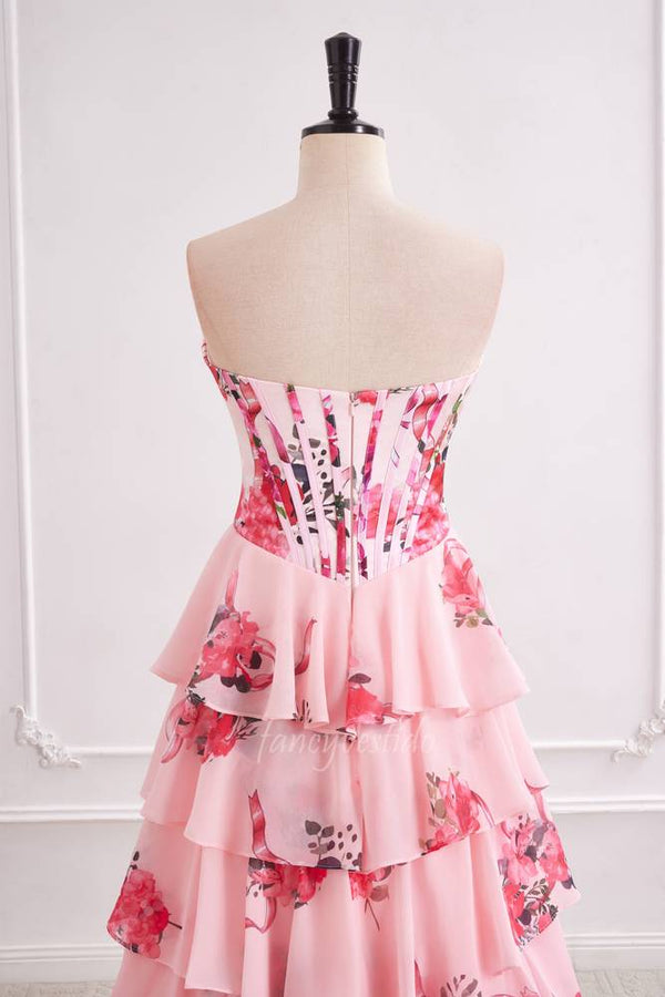 Strapless Pink Floral Print Boned Chiffon A-Line Prom Dress