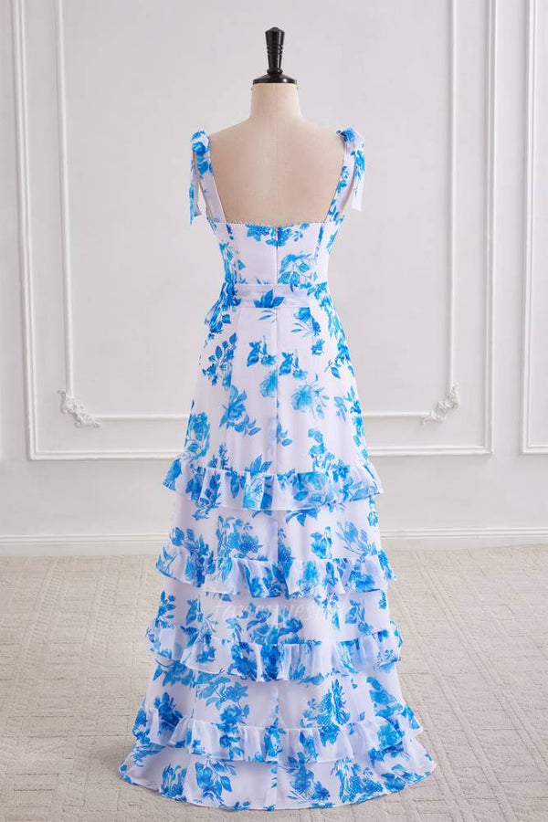 Blue Floral Print Chiffon Layered Prom Dress with Bow Tie Straps