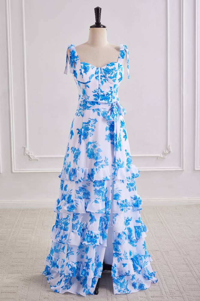 Blue Floral Print Chiffon Layered Prom Dress with Bow Tie Straps