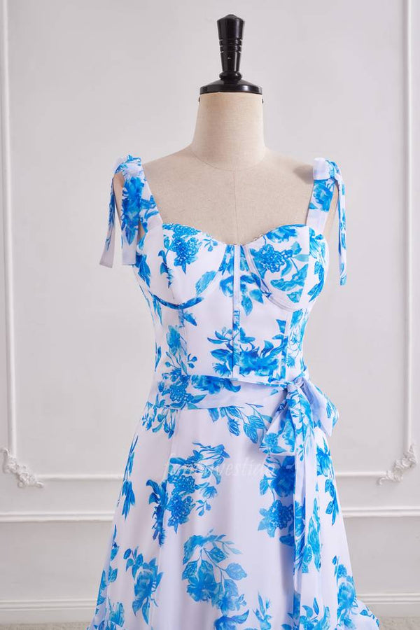 Blue Floral Print Chiffon Layered Prom Dress with Bow Tie Straps