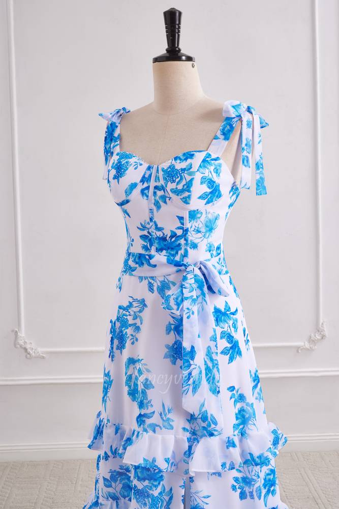 Blue Floral Print Chiffon Layered Prom Dress with Bow Tie Straps