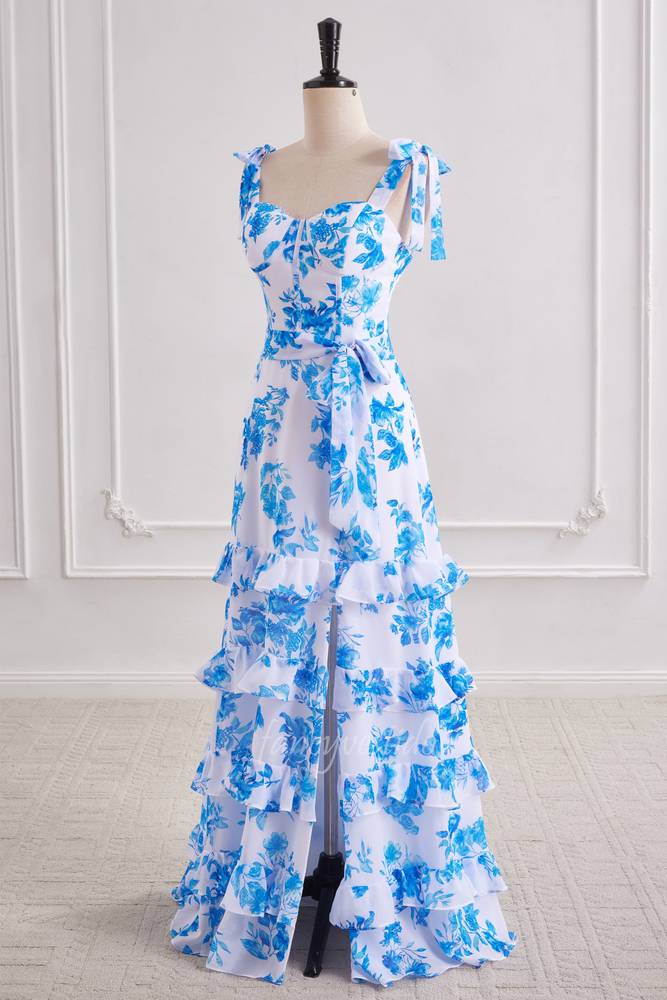 Blue Floral Print Chiffon Layered Prom Dress with Bow Tie Straps