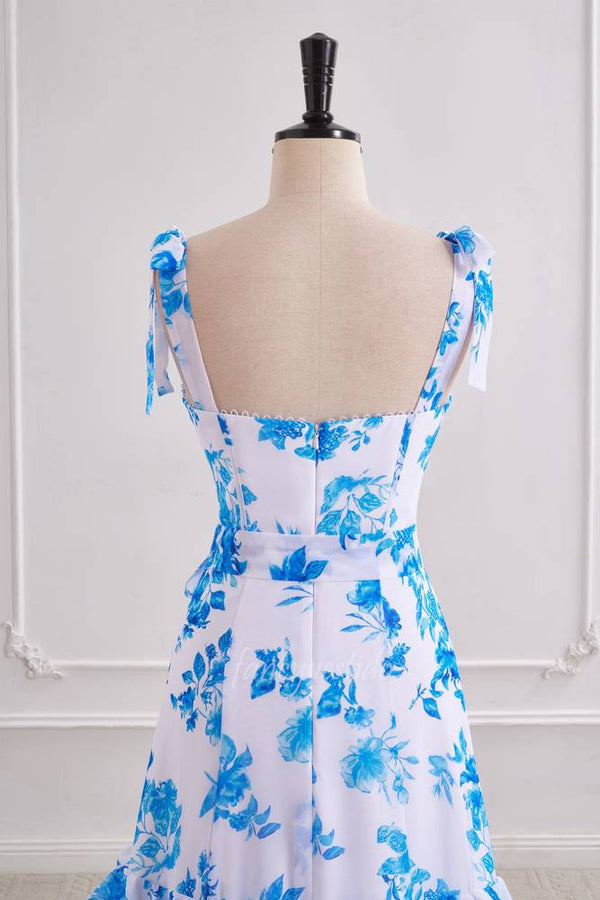 Blue Floral Print Chiffon Layered Prom Dress with Bow Tie Straps