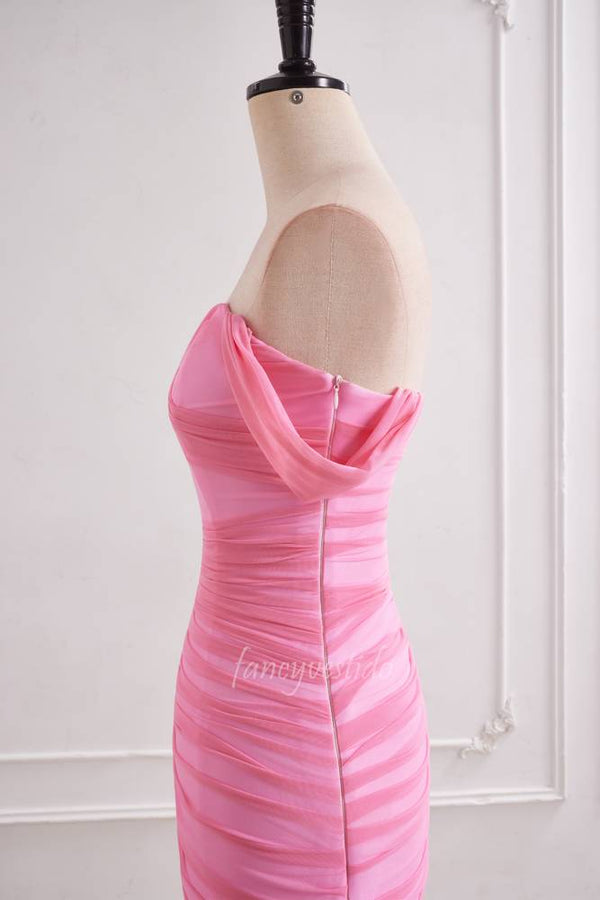 Pink Off Shoulder Ruched Sheath Layered Prom Dress