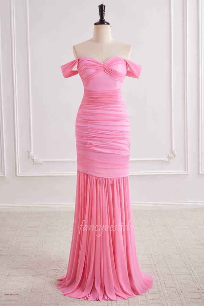 Pink Off Shoulder Ruched Sheath Layered Prom Dress