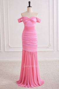 Pink Off Shoulder Ruched Sheath Layered Prom Dress