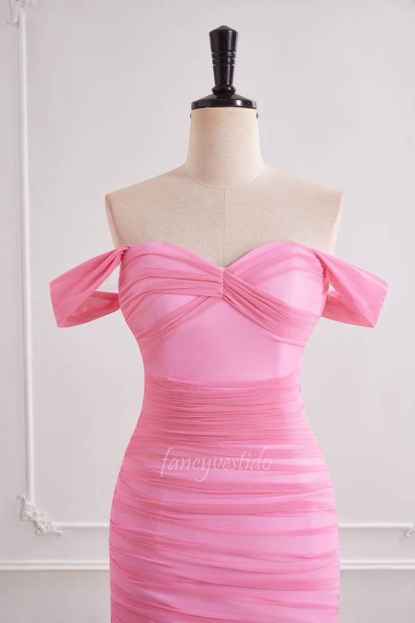 Pink Off Shoulder Ruched Sheath Layered Prom Dress