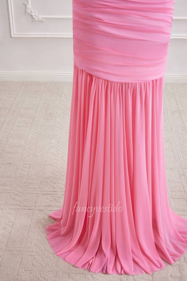 Pink Off Shoulder Ruched Sheath Layered Prom Dress