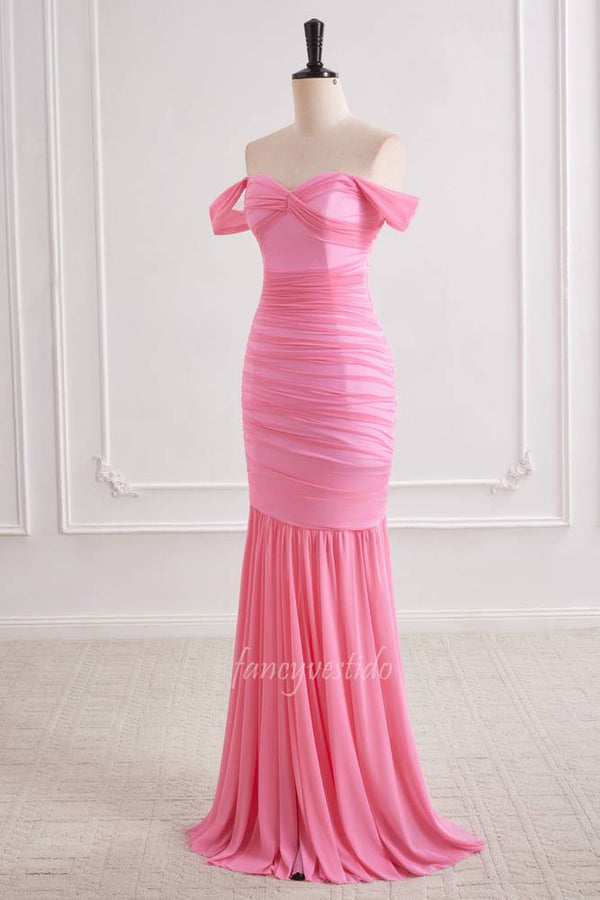 Pink Off Shoulder Ruched Sheath Layered Prom Dress