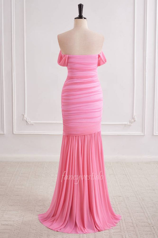 Pink Off Shoulder Ruched Sheath Layered Prom Dress