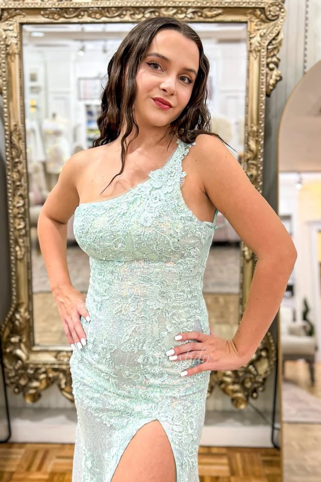 Strapless Mint Green Lace Prom Dress with Slit