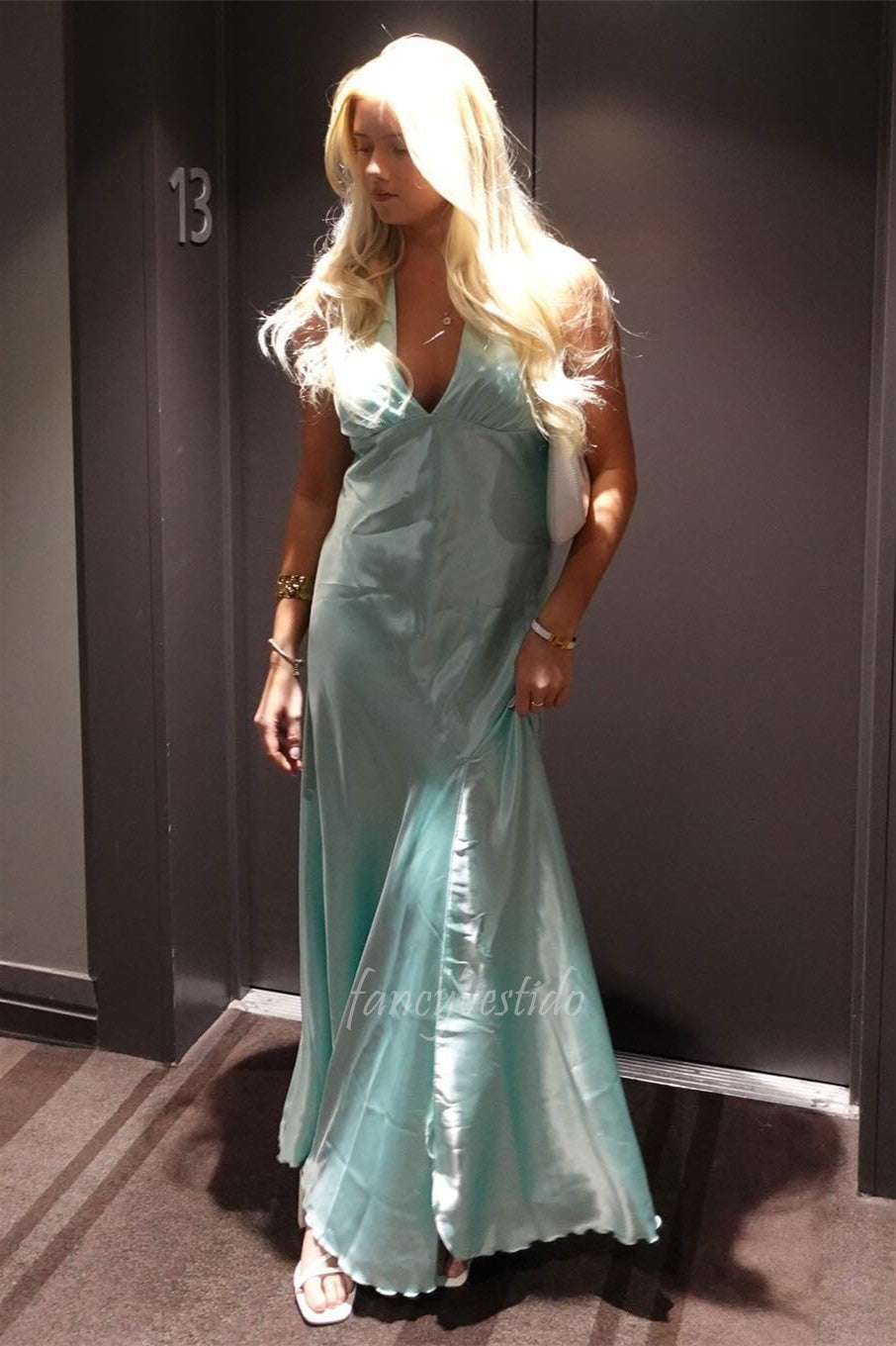 Chic Aqua Satin Halter Neck Maxi Prom Dress with Backless