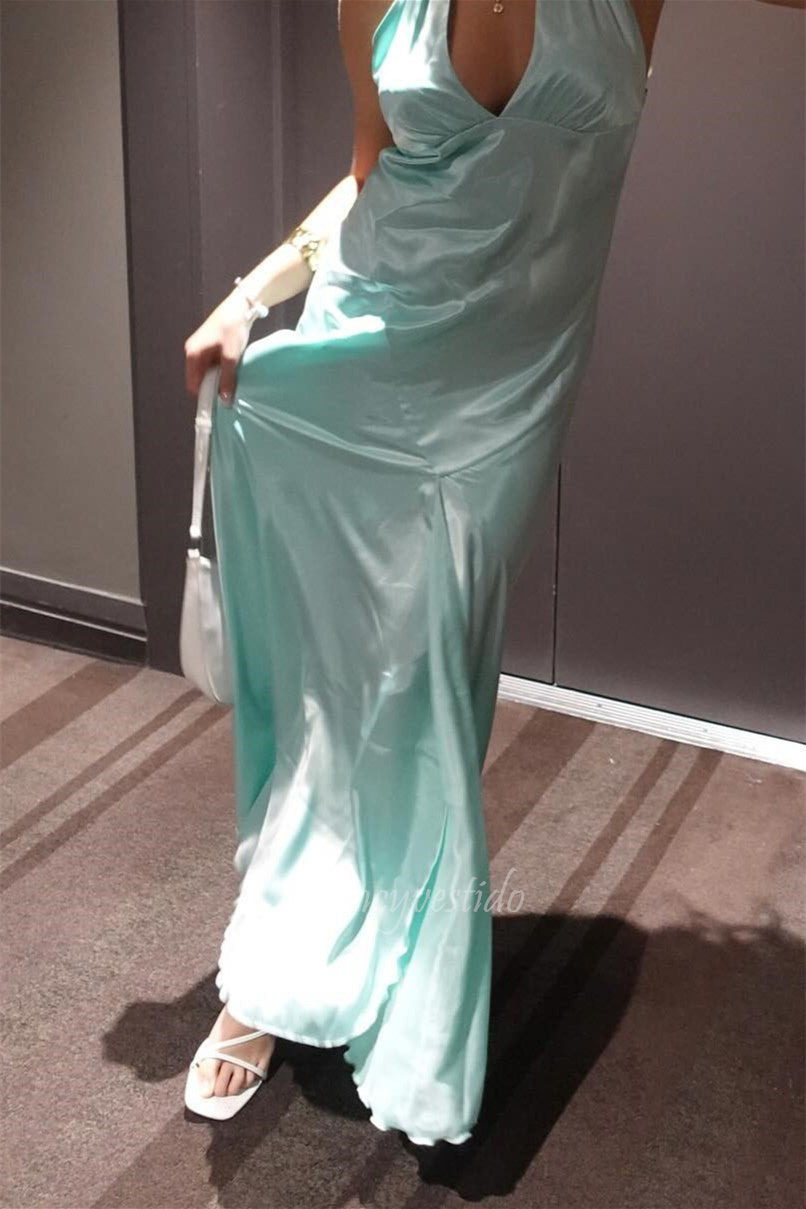Chic Aqua Satin Halter Neck Maxi Prom Dress with Backless FancyVestido Chic Aqua Satin Halter Neck Maxi Prom Dress with Backless FancyVestido
