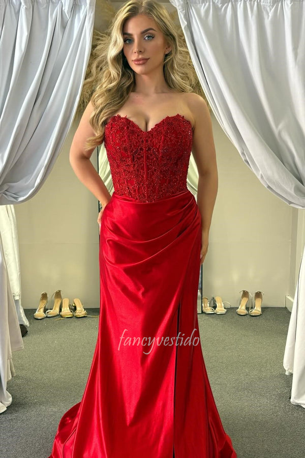 Red Sweetheart Lace Corset Bodice Satin Prom Gown with Slit