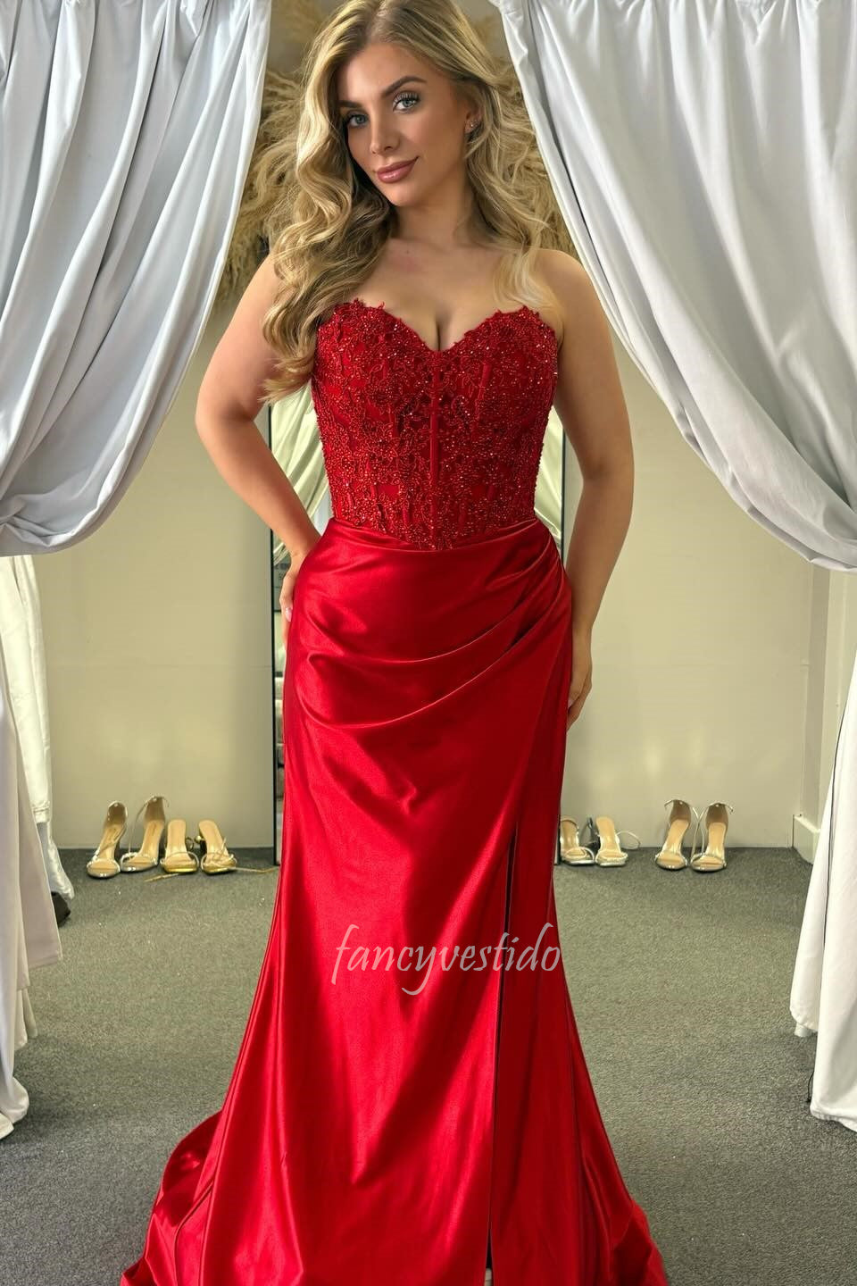 red satin corset prom dress red satin strapless dress Strapless Satin Corset Gown with Beaded Bodice and Thigh Slit Royal Blue & Red