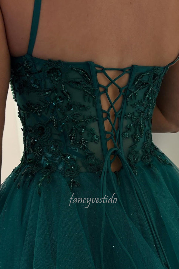 Spaghetti Straps Emerald Corset Tiered Ruffle Tulle Prom Gown