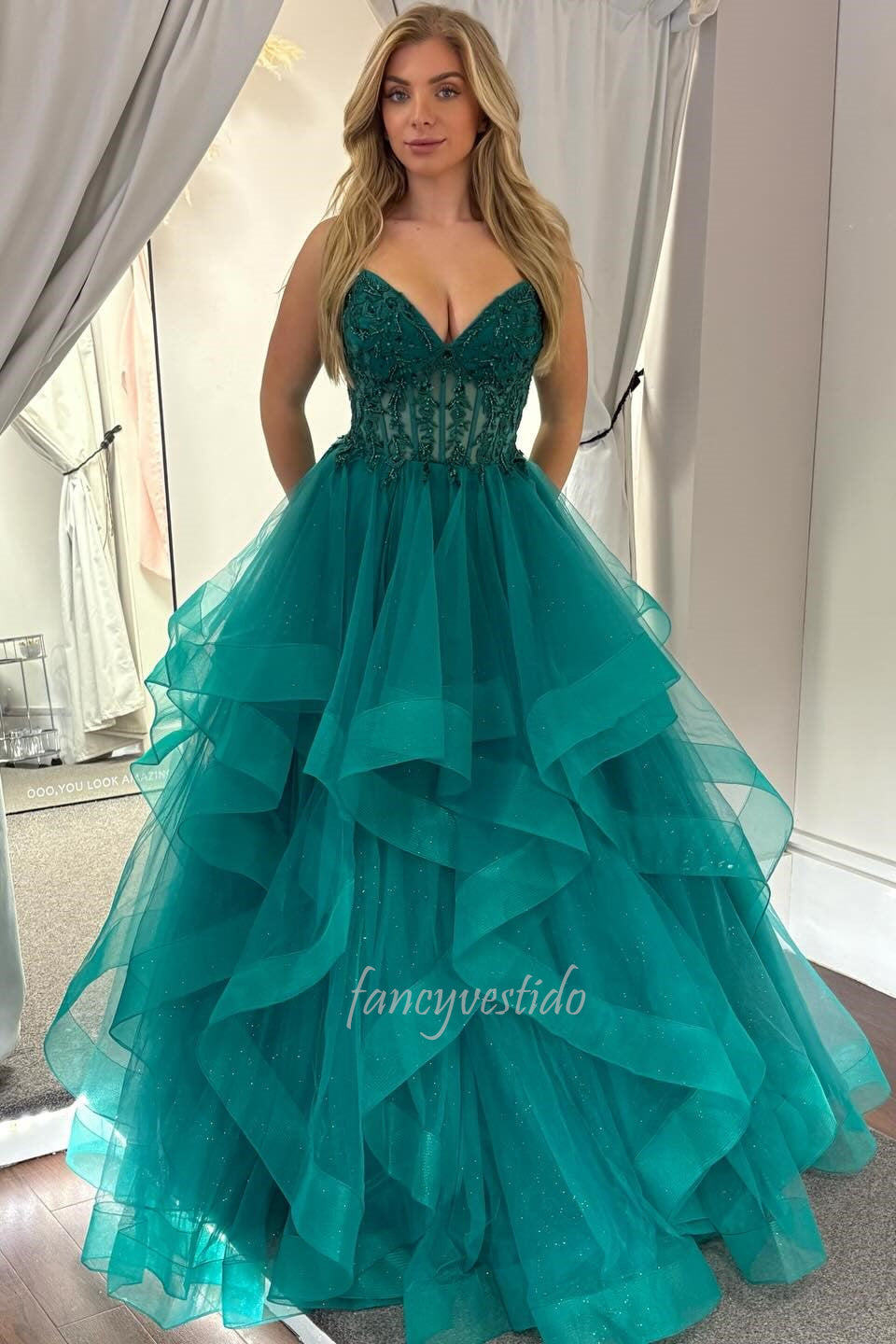 Spaghetti Straps Emerald Corset Tiered Ruffle Tulle Prom Gown FancyVestido Spaghetti Straps Emerald Corset Tiered Ruffle Tulle Prom Gown FancyVestido
