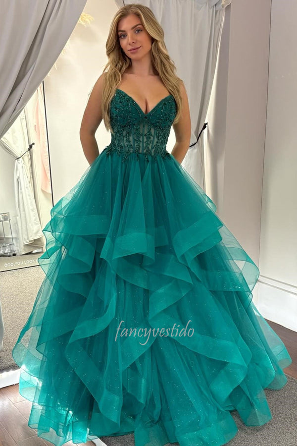 Spaghetti Straps Emerald Corset Tiered Ruffle Tulle Prom Gown