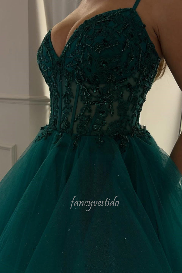 Spaghetti Straps Emerald Corset Tiered Ruffle Tulle Prom Gown