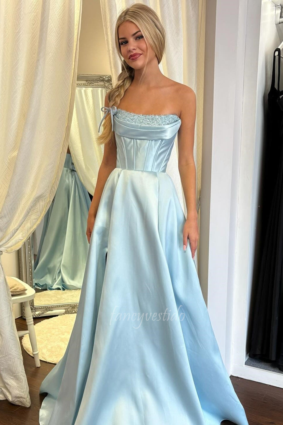 Elegant Light Blue Strapless Beaded Satin A-Line Prom Dress FancyVestido Elegant Light Blue Strapless Beaded Satin A-Line Prom Dress FancyVestido