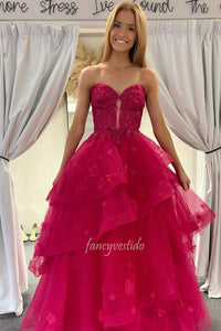 Magenta Sweetheart Applique Corset Prom Dress with Floral