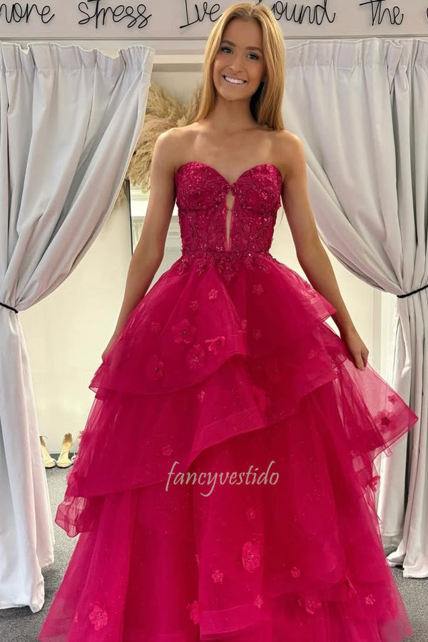Magenta Sweetheart Applique Corset Prom Dress with Floral