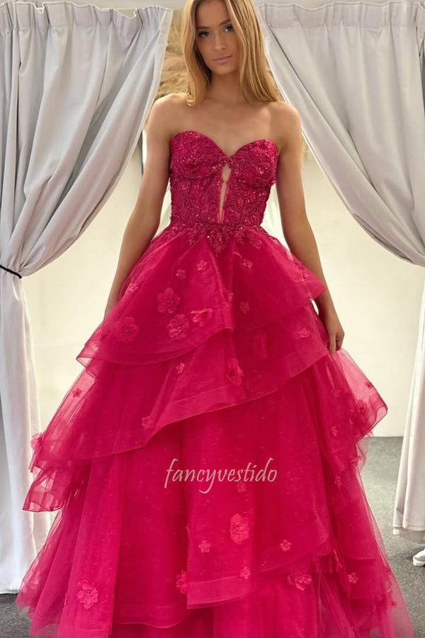 Magenta Sweetheart Applique Corset Prom Dress with Floral