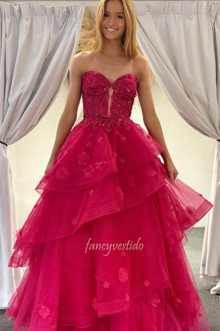 Magenta Sweetheart Applique Corset Prom Dress with Floral