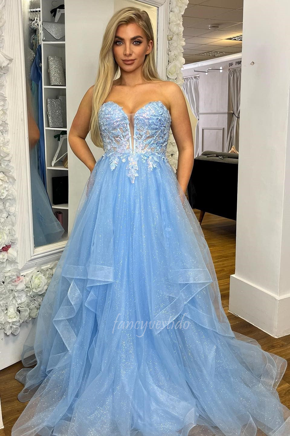 Light Blue Sweetheart V-Neck Lace Applique Tiered Prom Dress