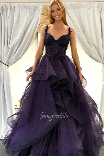 Elegant Straps Lace Applique Ruffle A-Line Prom Dress