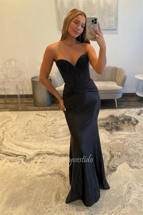 Black Strapless Sweetheart Boned Mermaid Formal Prom Dress