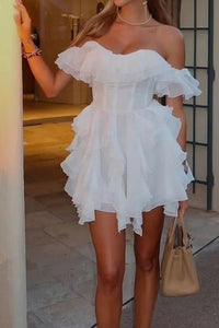 Fashion A-Line Empire Off-Shoulder Ruffle Chiffon Mini Homecoming Dress