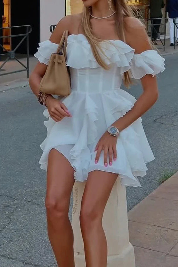Fashion A-Line Empire Off-Shoulder Ruffle Chiffon Mini Homecoming Dress