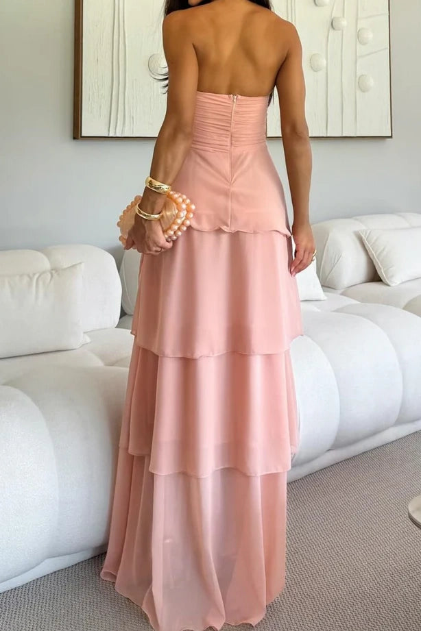 Fashion A-Line Empire Strapless Tiered Chiffon Maxi Party Prom Dress