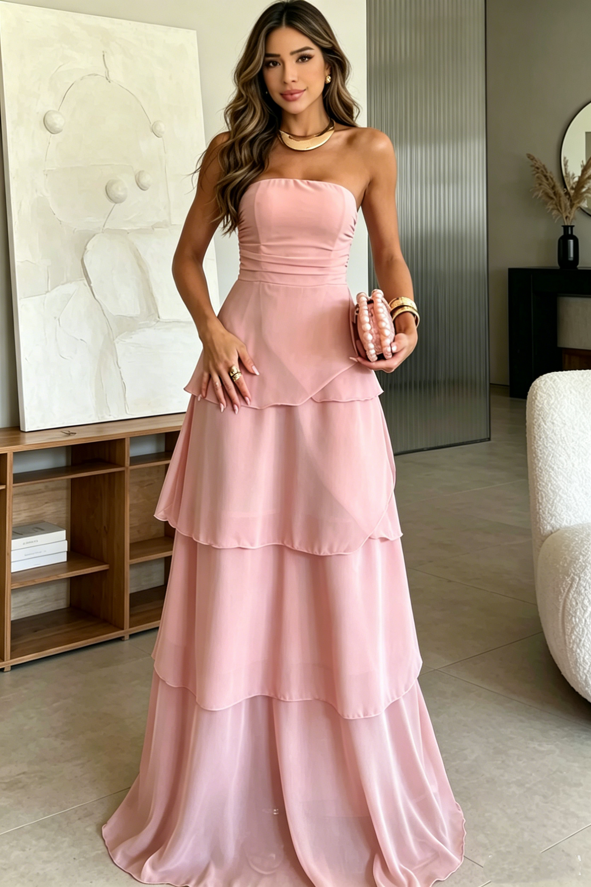 Fashion A-Line Empire Strapless Tiered Chiffon Maxi Party Prom Dress