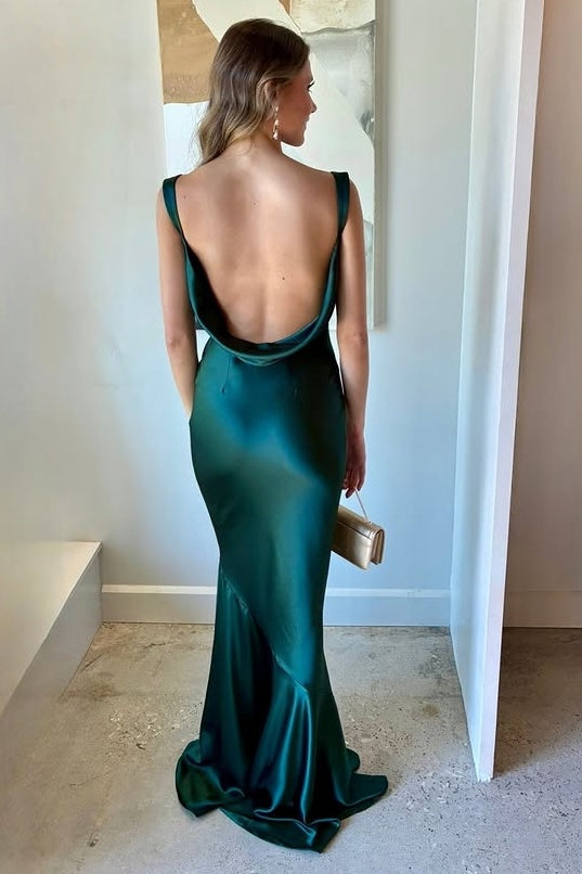 Fashion Backless Straps Satin Mermaid Maxi Party Prom Dress