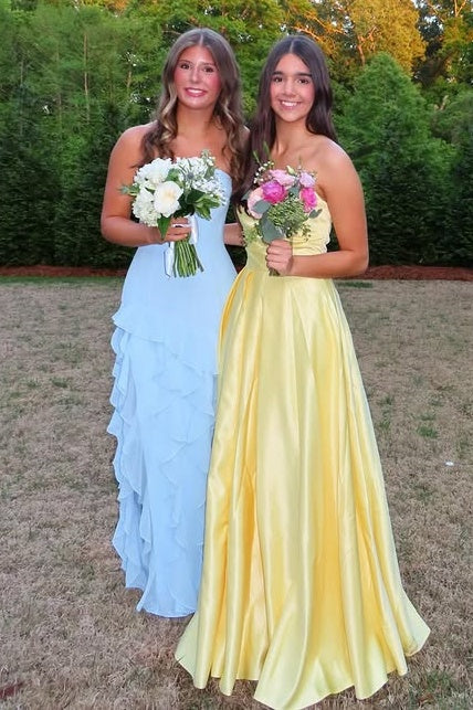Fashion Blue Strapless Chiffon A-Line Tiered Party Prom Dress