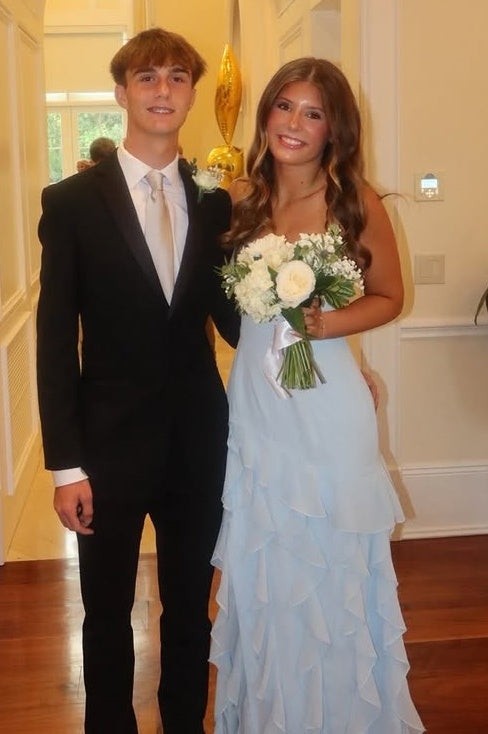 Fashion Blue Strapless Chiffon A-Line Tiered Party Prom Dress